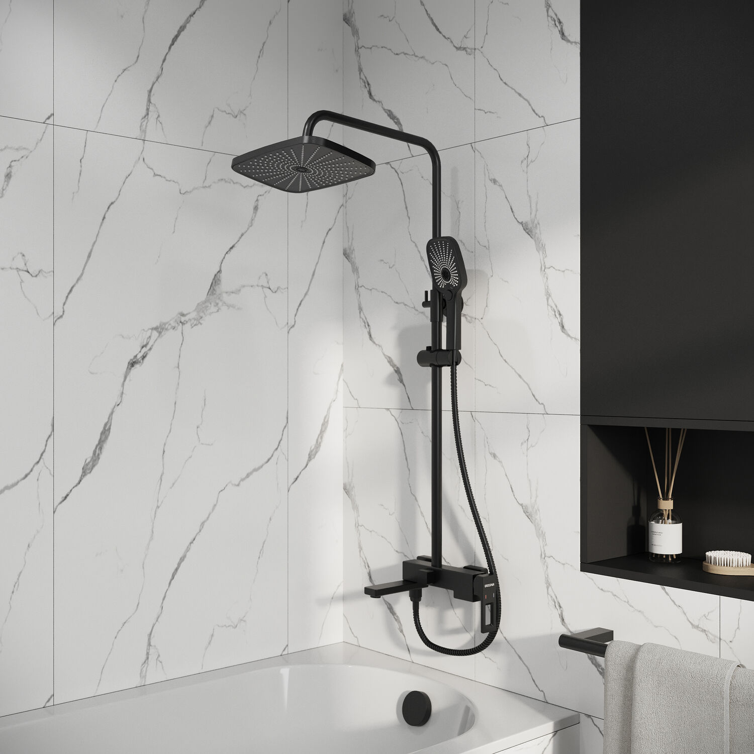 Душевая стойка Grossman Pragma 500.K35.03.210, с верхним душем, смесителем, цвет черный матовый - фото 1