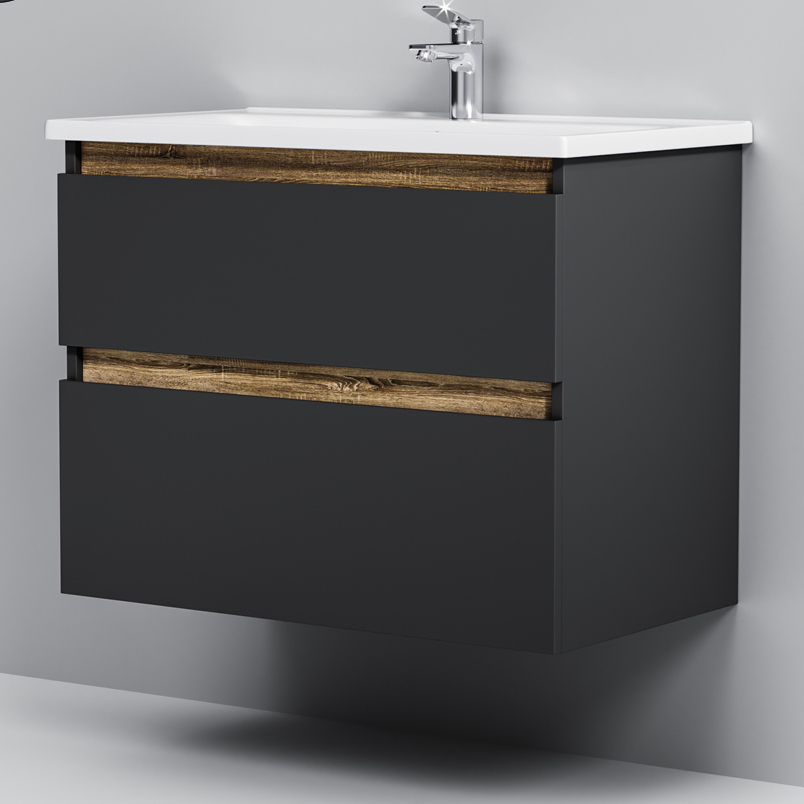 Тумба под раковину AM.PM X-Joy 80 подвесная, цвет черный матовый/дерево - фото 1