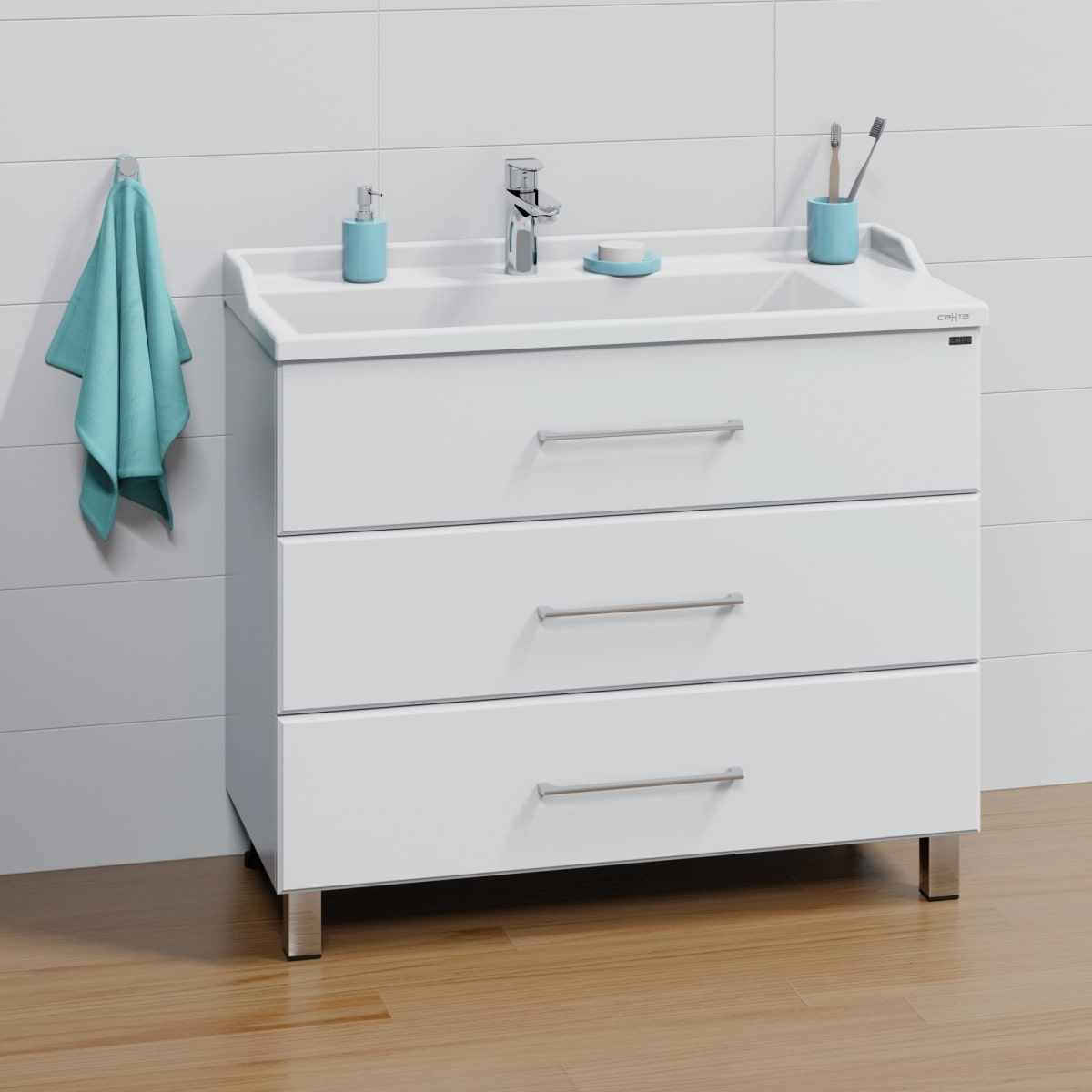Тумба под раковину Санта Омега 100 напольная, с ящиками, цвет белый