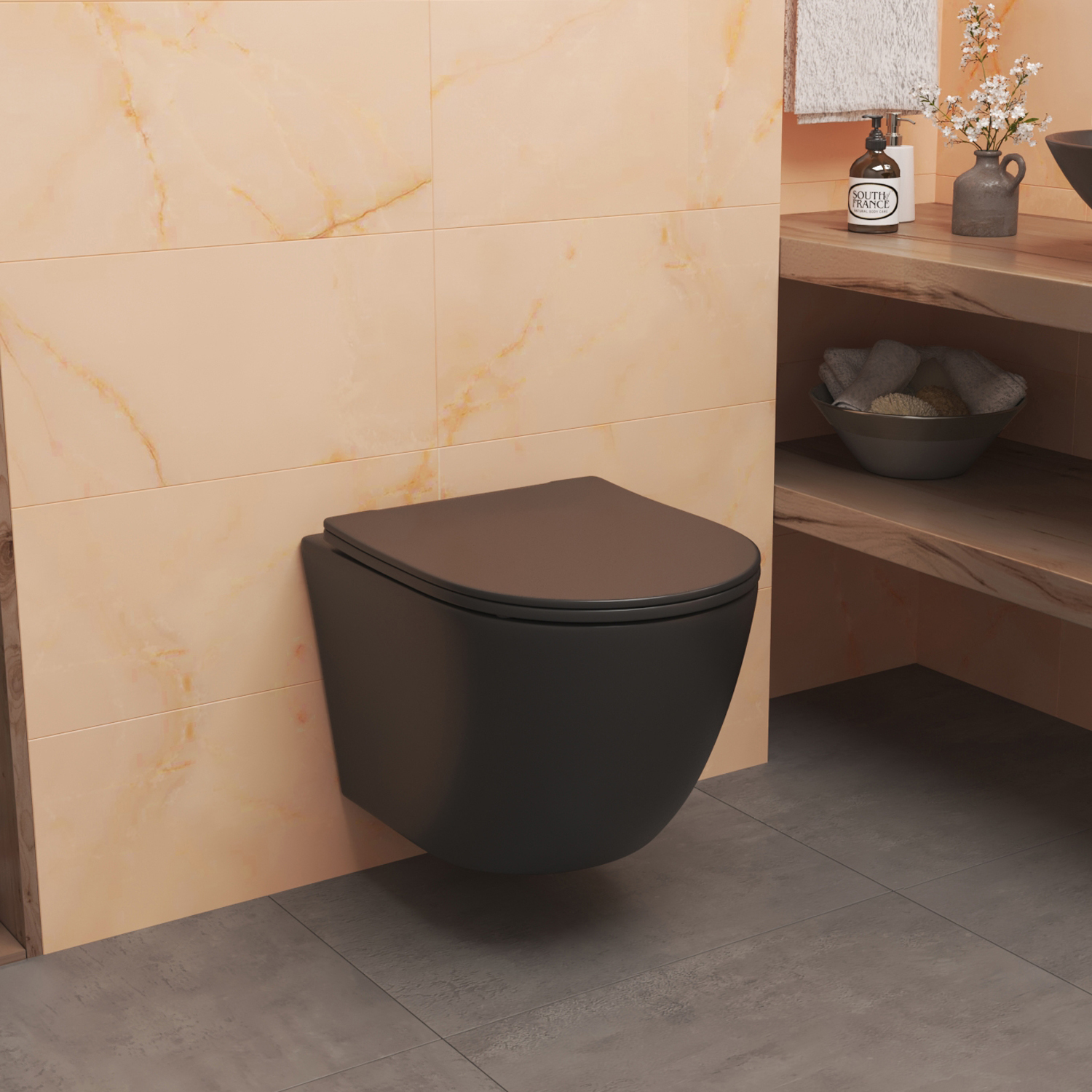 Унитаз Joki Stella T JK1141020MB подвесной, безободковый, смыв Торнадо, с сиденьем микролифт, цвет черный - фото 1