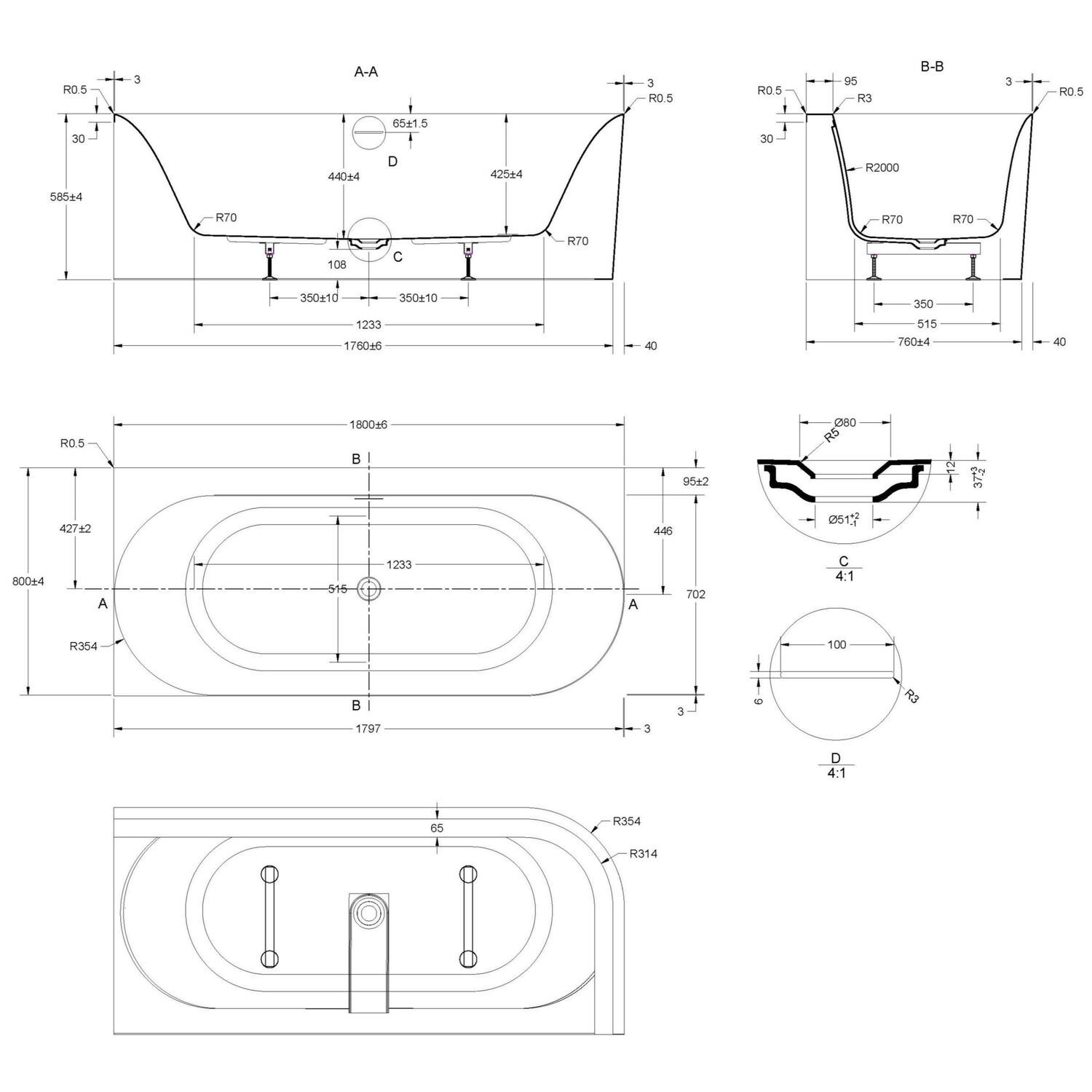 Ванна Vincea VBT-704-1800-R 180x80 акриловая, правая, цвет белый - фото 1