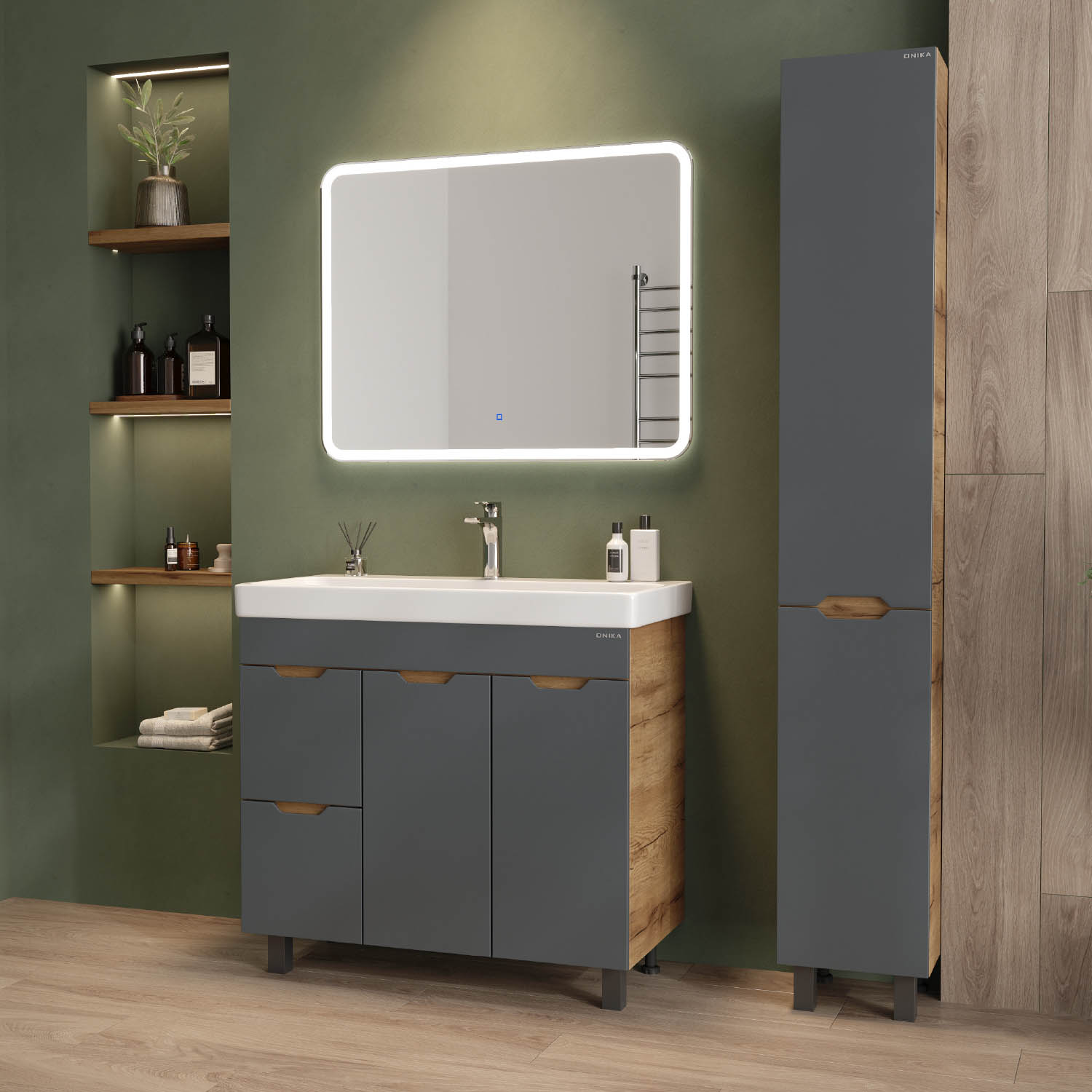 Мебель для ванной Оника Айленд 90, с бельевой корзиной, цвет графит / дуб крафт золотой - фото 1