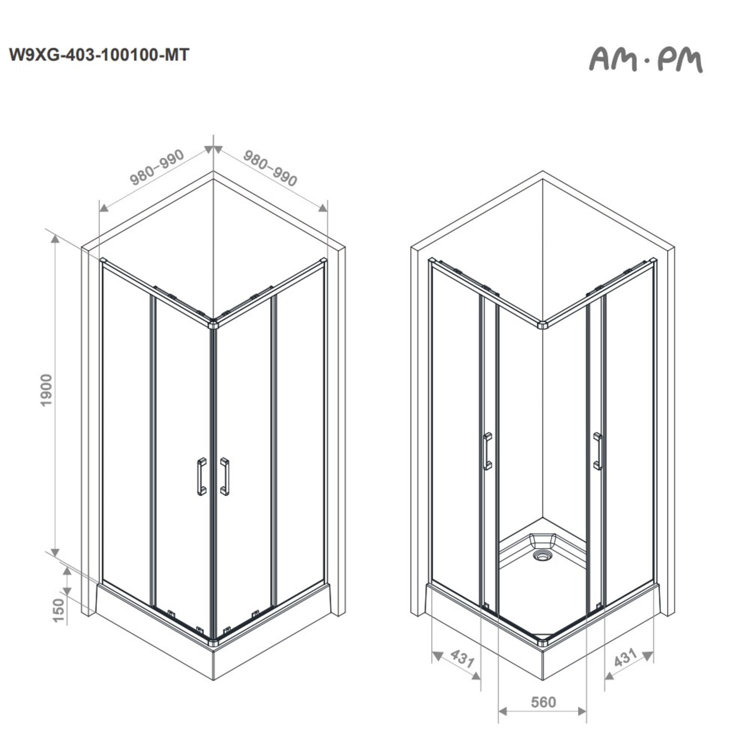 Душевой уголок AM.PM Above W9XG-403-100100-MT 100x100, стекло прозрачное, профиль хром матовый - фото 1