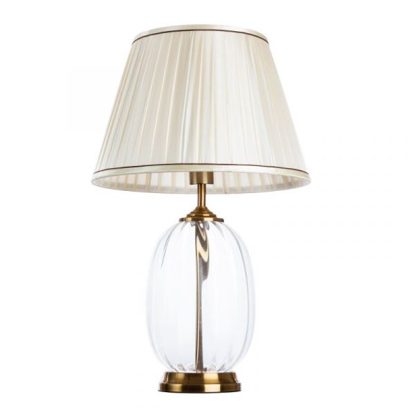 Интерьерная настольная лампа Arte Lamp Baymont A5017LT-1PB, арматура прозрачная / медь, плафон ткань белая, 38х38 см