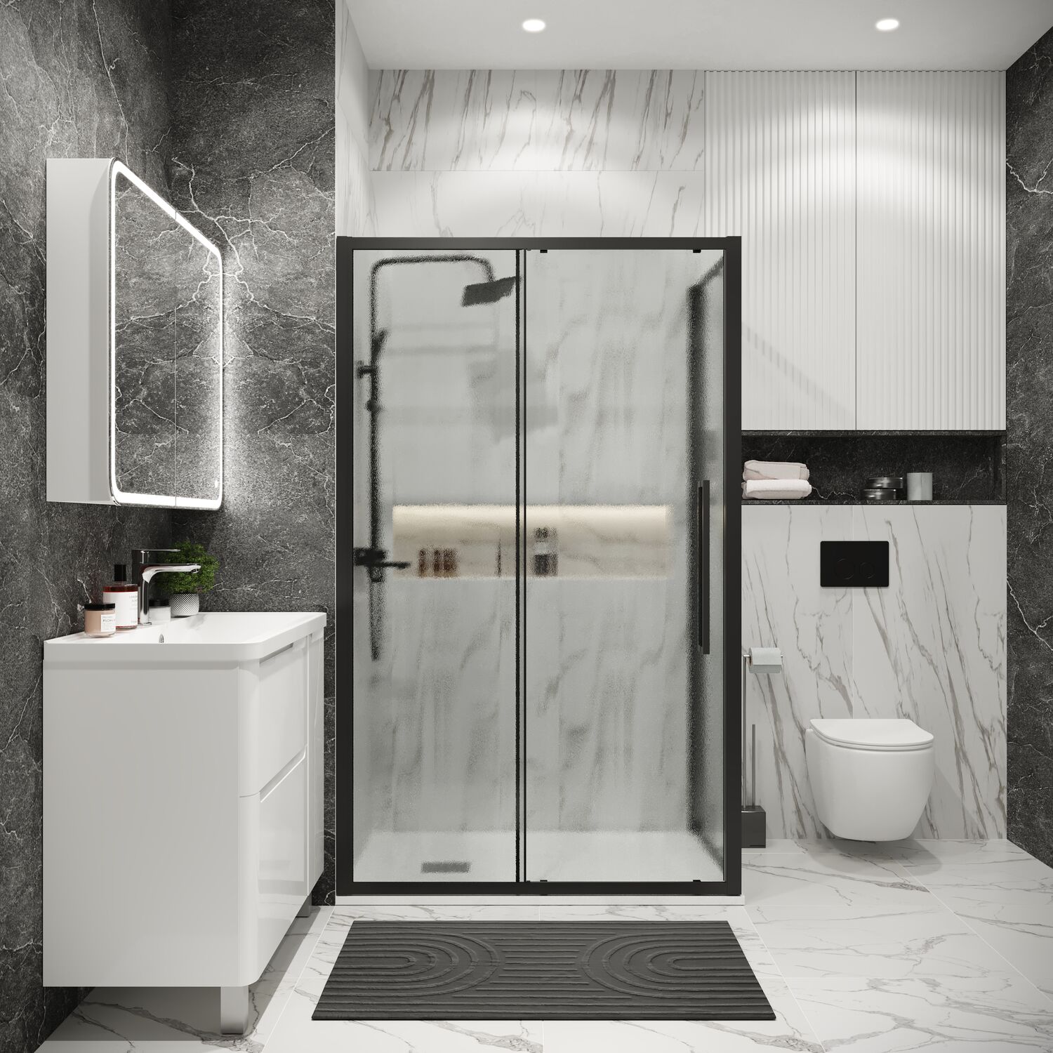 Душевой уголок Grossman Cosmo 110х80, левый, стекло шиншилла, профиль черный матовый - фото 1