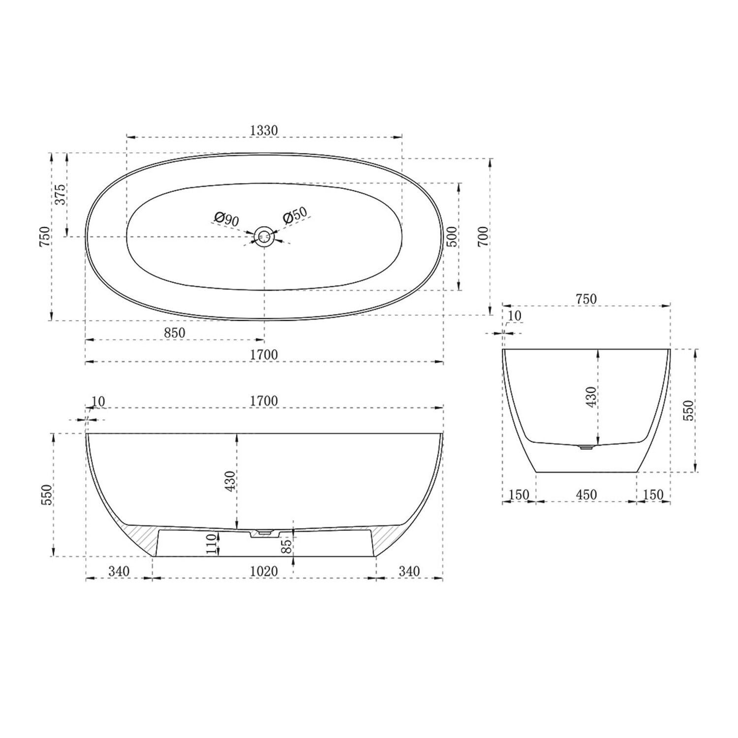 Ванна Vincea VBT-6T01B, 170x75, полиэфирная смола, цвет черный