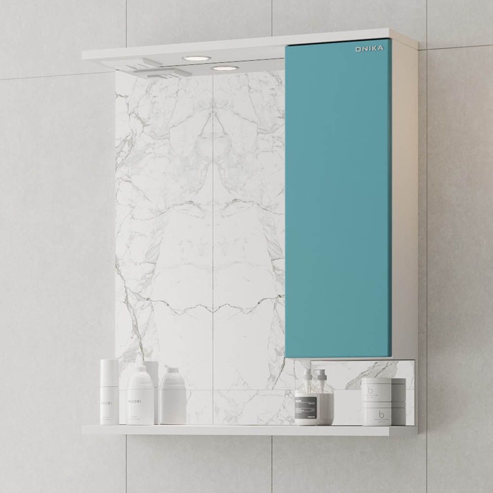 Шкаф-зеркало Оника Марви 60, правый, с подсветкой, цвет белый / бирюза