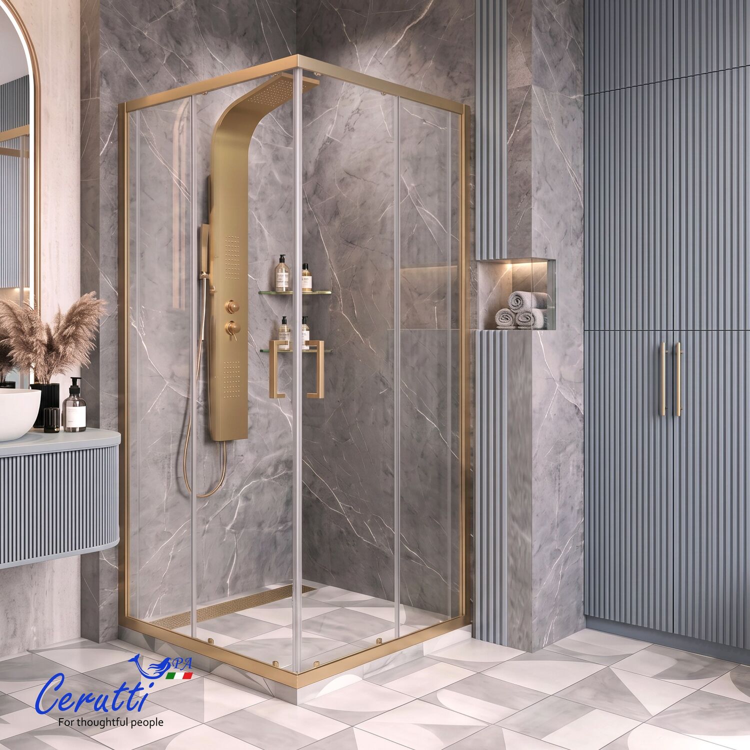 Душевой уголок CeruttiSPA Adige 90G 90х90, стекло прозрачное, профиль золотой матовый