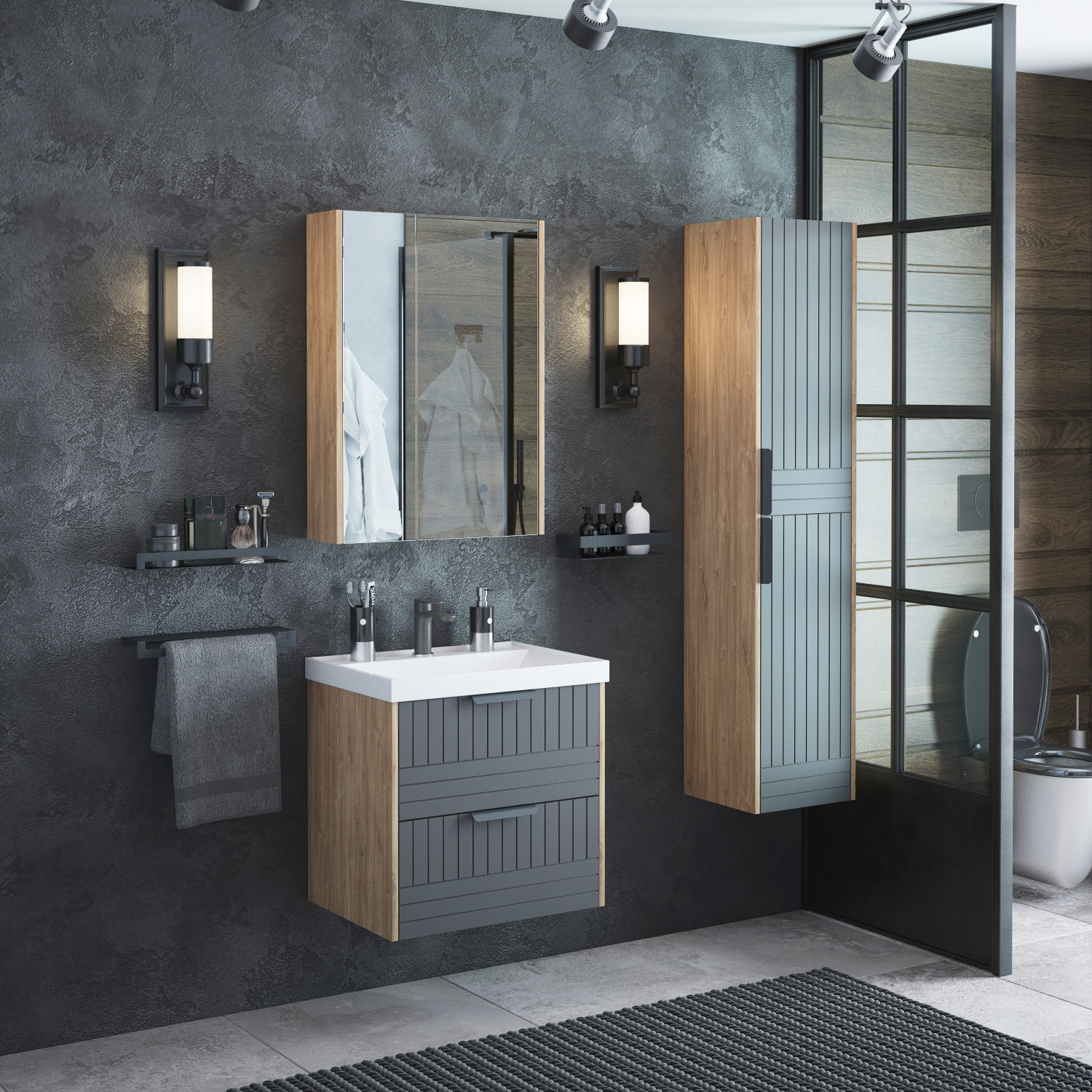 Мебель для ванной Corozo Инди 60, подвесная/напольная, цвет дуб канзас/графит