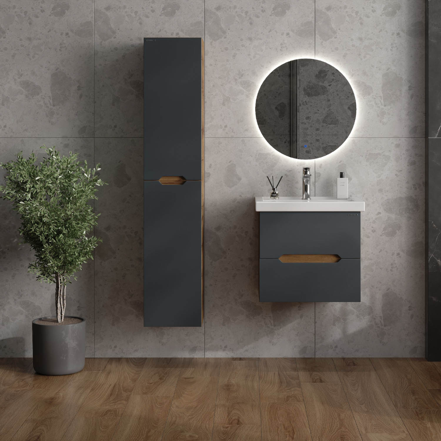 Мебель для ванной Оника Айленд 50, подвесная, цвет графит / дуб крафт золотой