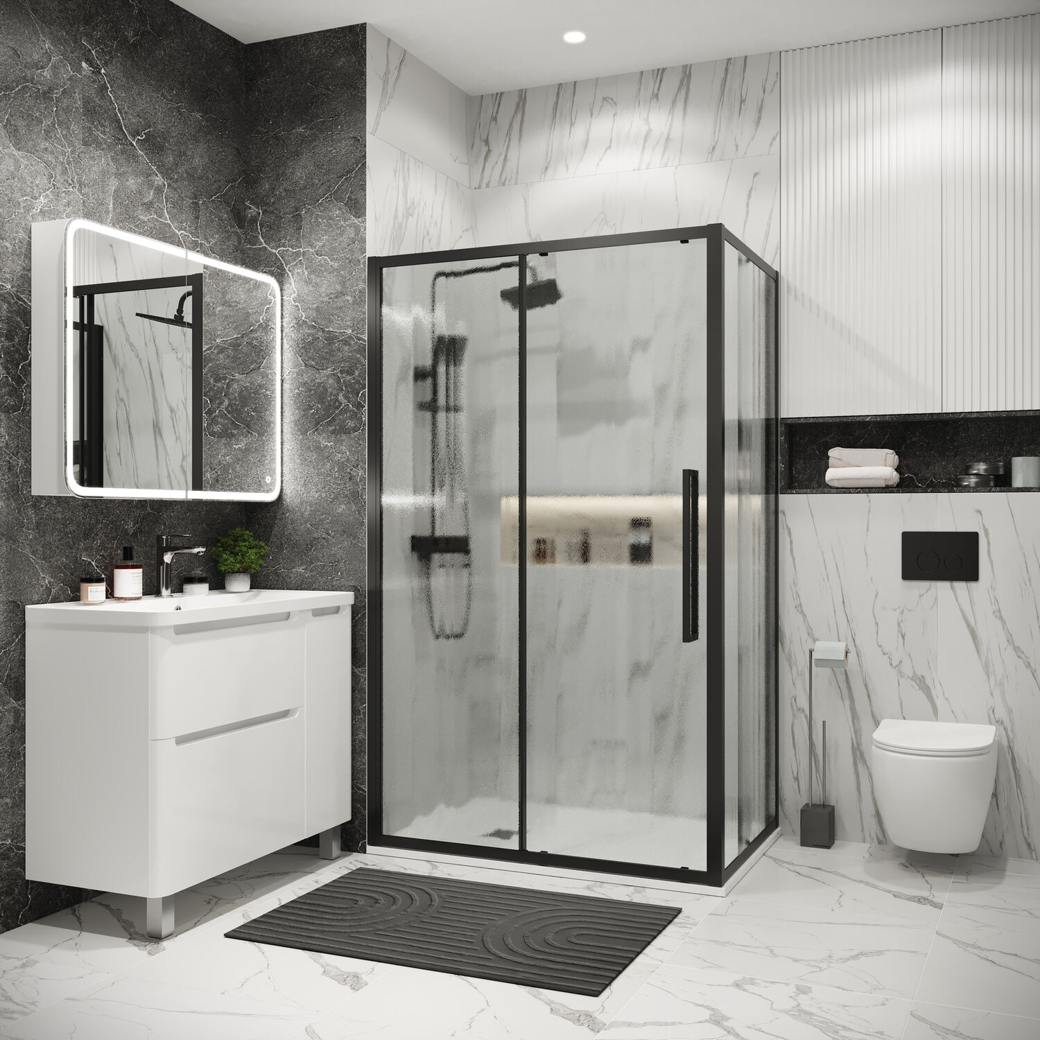 Душевой уголок Grossman Cosmo 110х80, левый, стекло шиншилла, профиль черный матовый