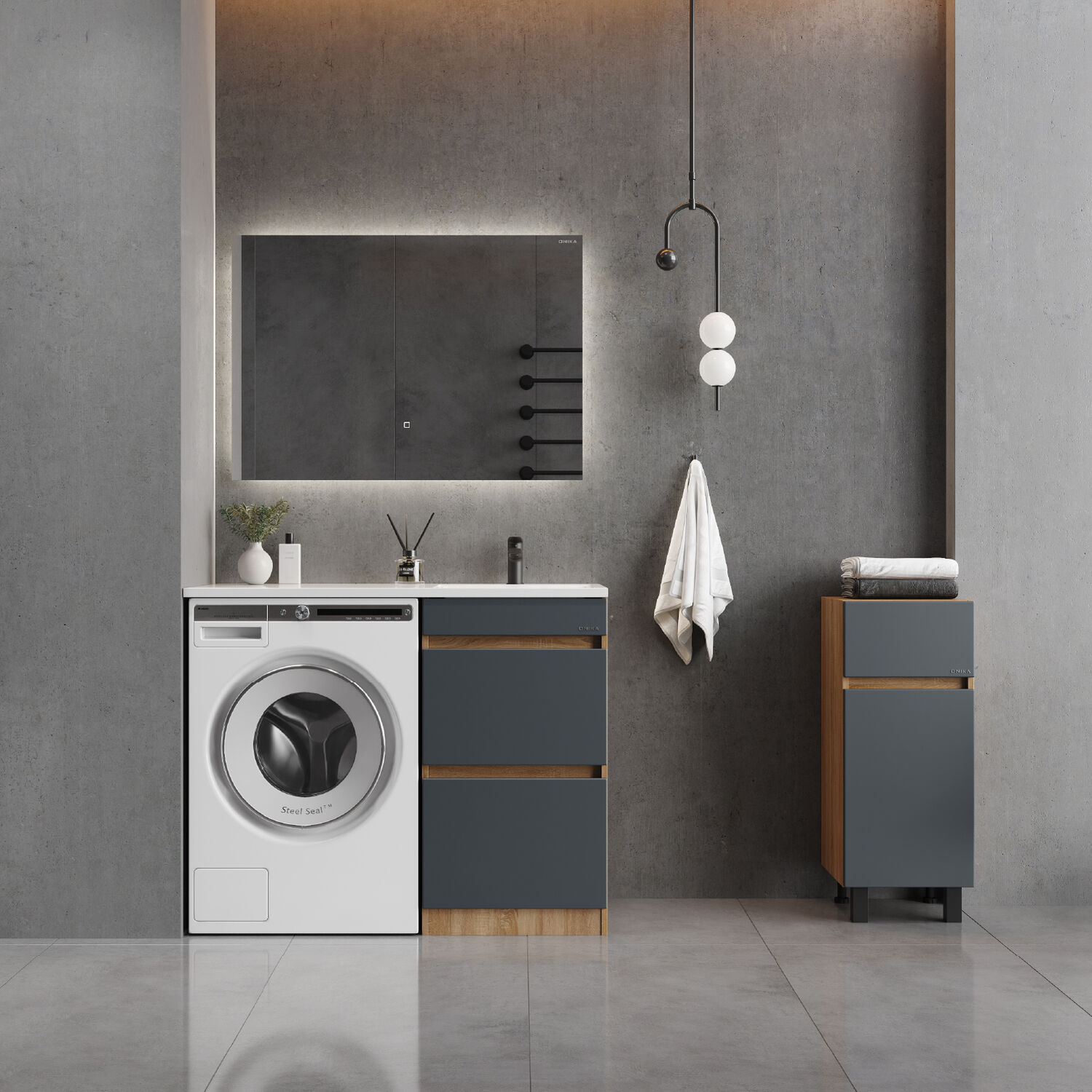 Тумба Оника Милтон 40, с бельевой корзиной, цвет серый / дуб сонома - фото 1