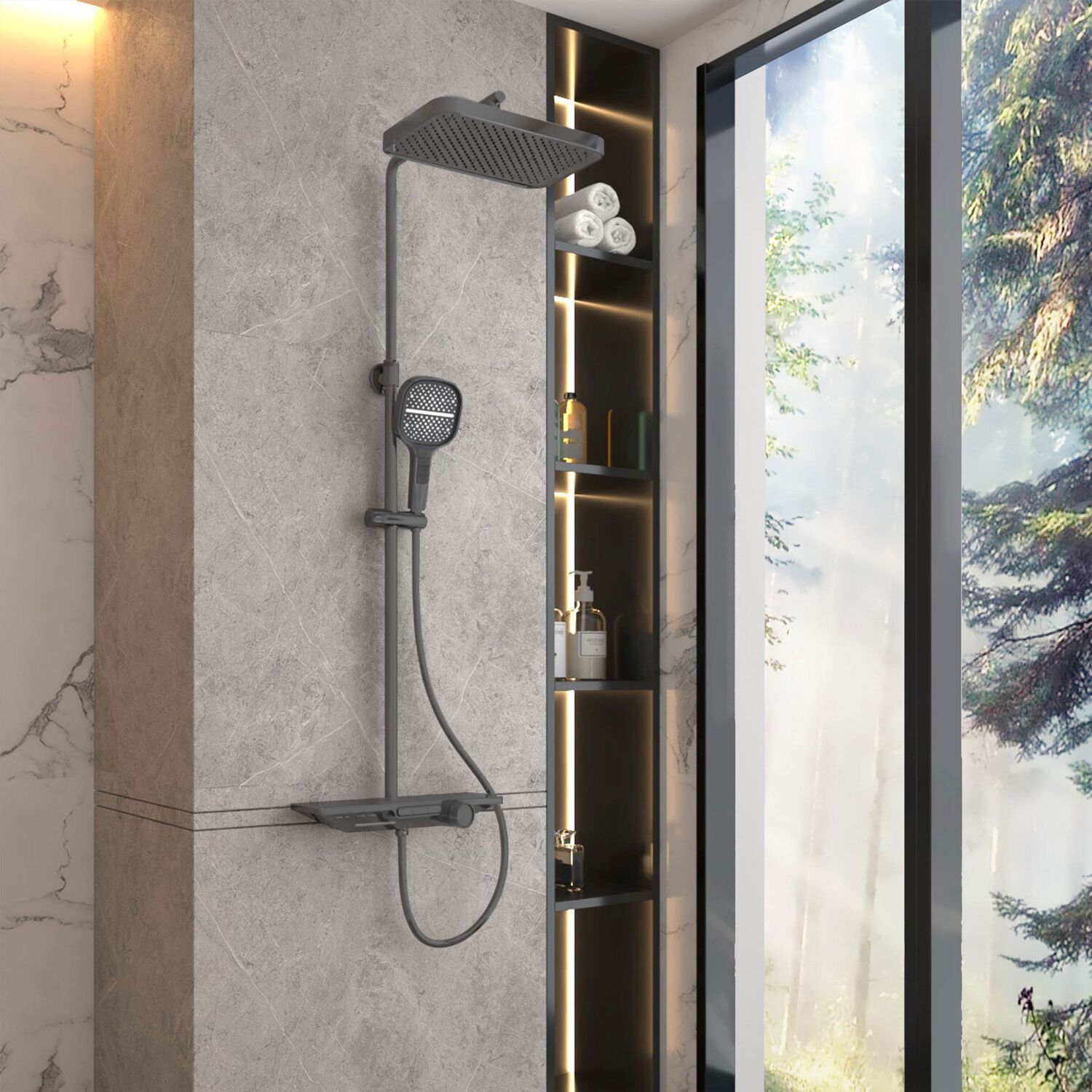 Душевая стойка Vincea VSFS-411GM, с верхним душем, смесителем, цвет вороненая сталь - фото 1