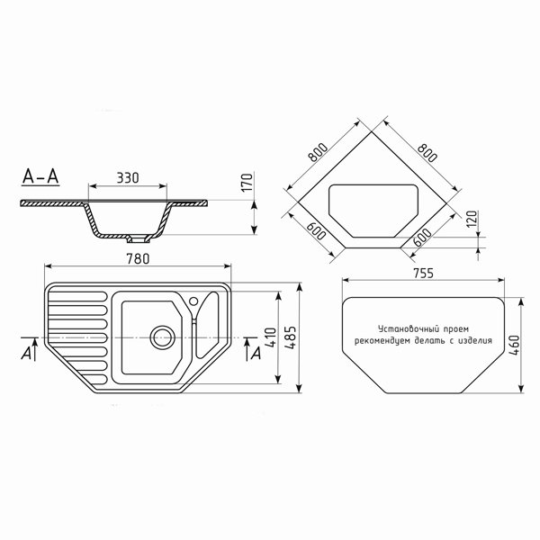 Кухонная мойка Mixline ML-GM24-309 78x49, угловая, с крылом, цвет темно-серый