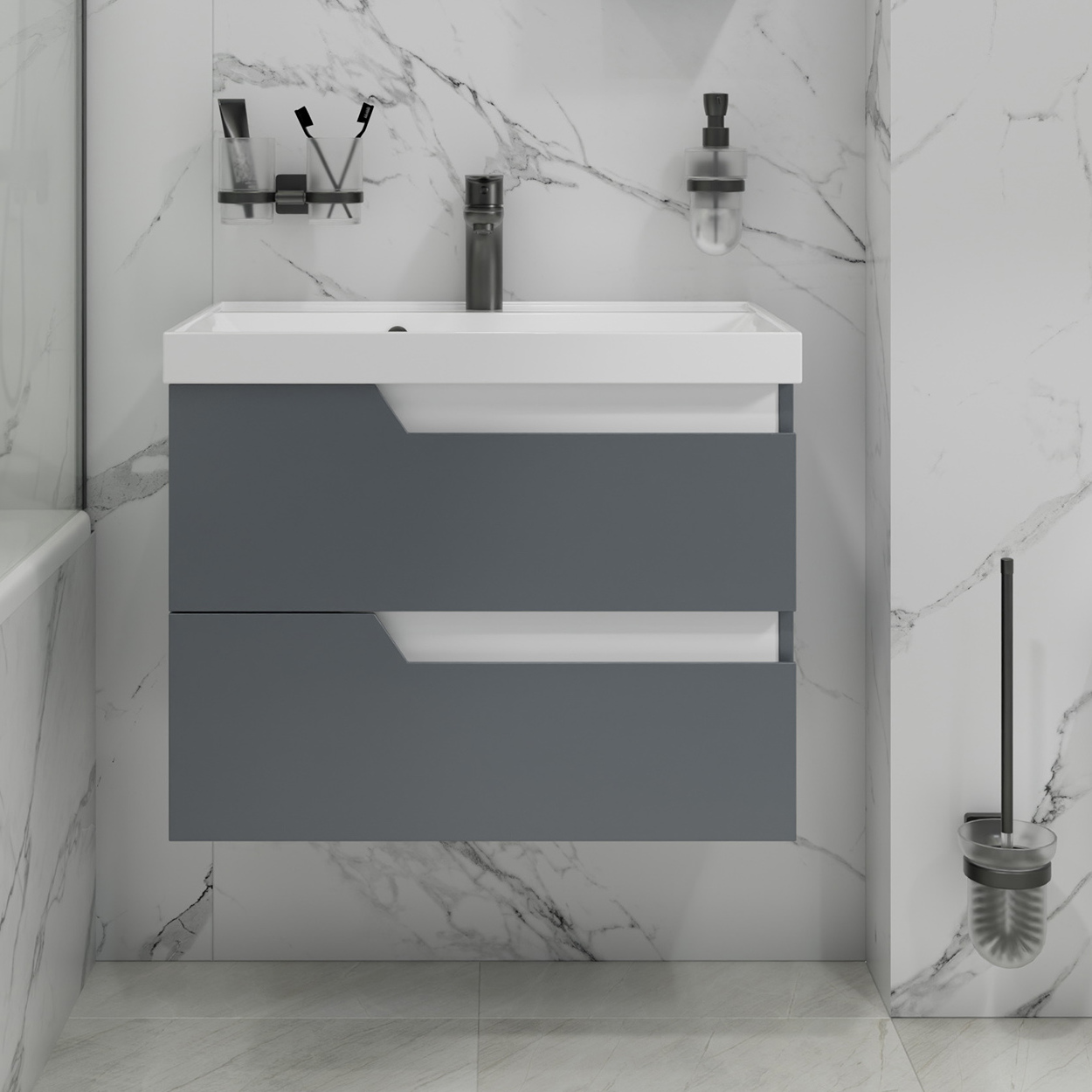 Тумба под раковину Санта Антарес 70, подвесная, 2 ящика, цвет графит матовый