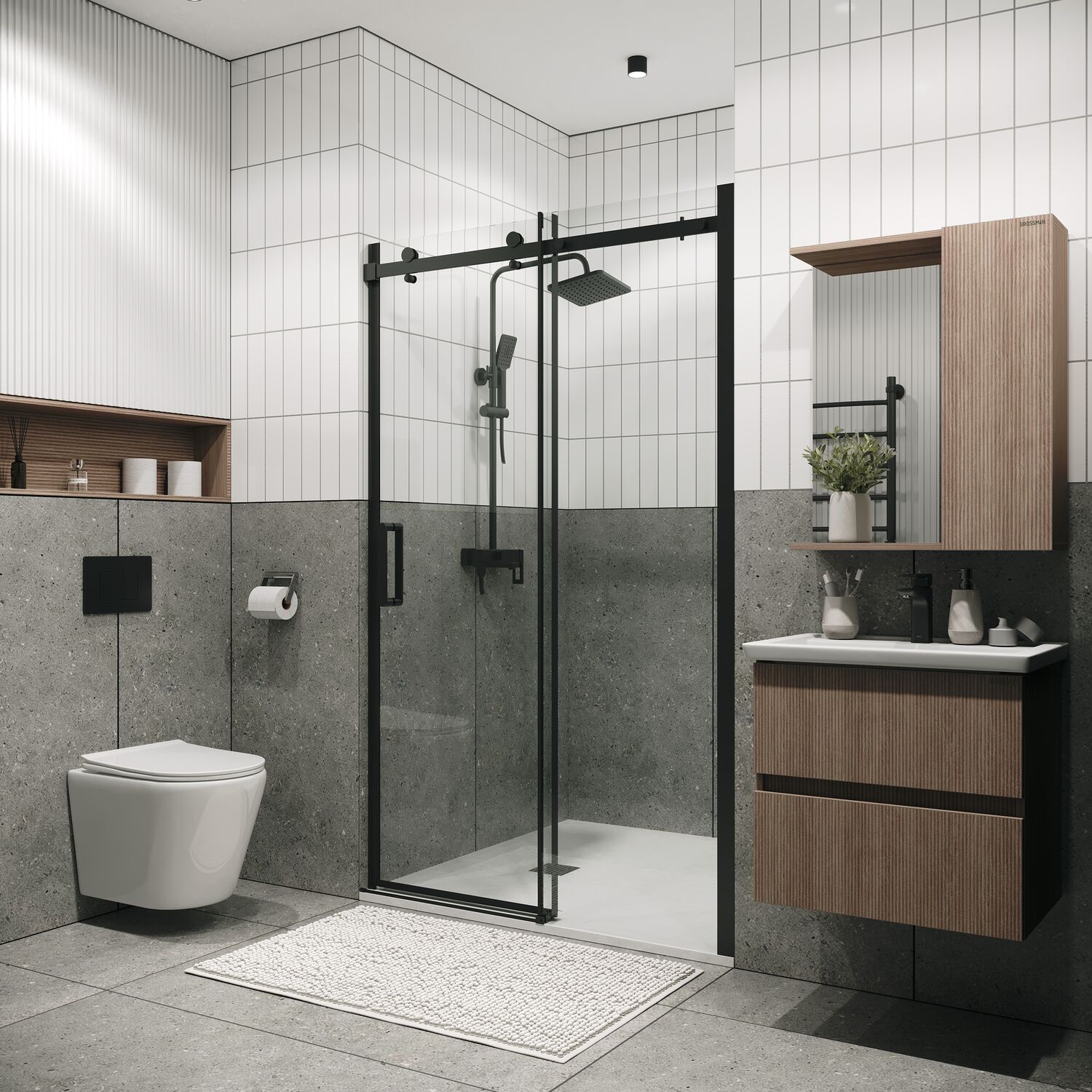 Душевая дверь Grossman Classic 160х195, стекло прозрачное, профиль черный матовый - фото 1