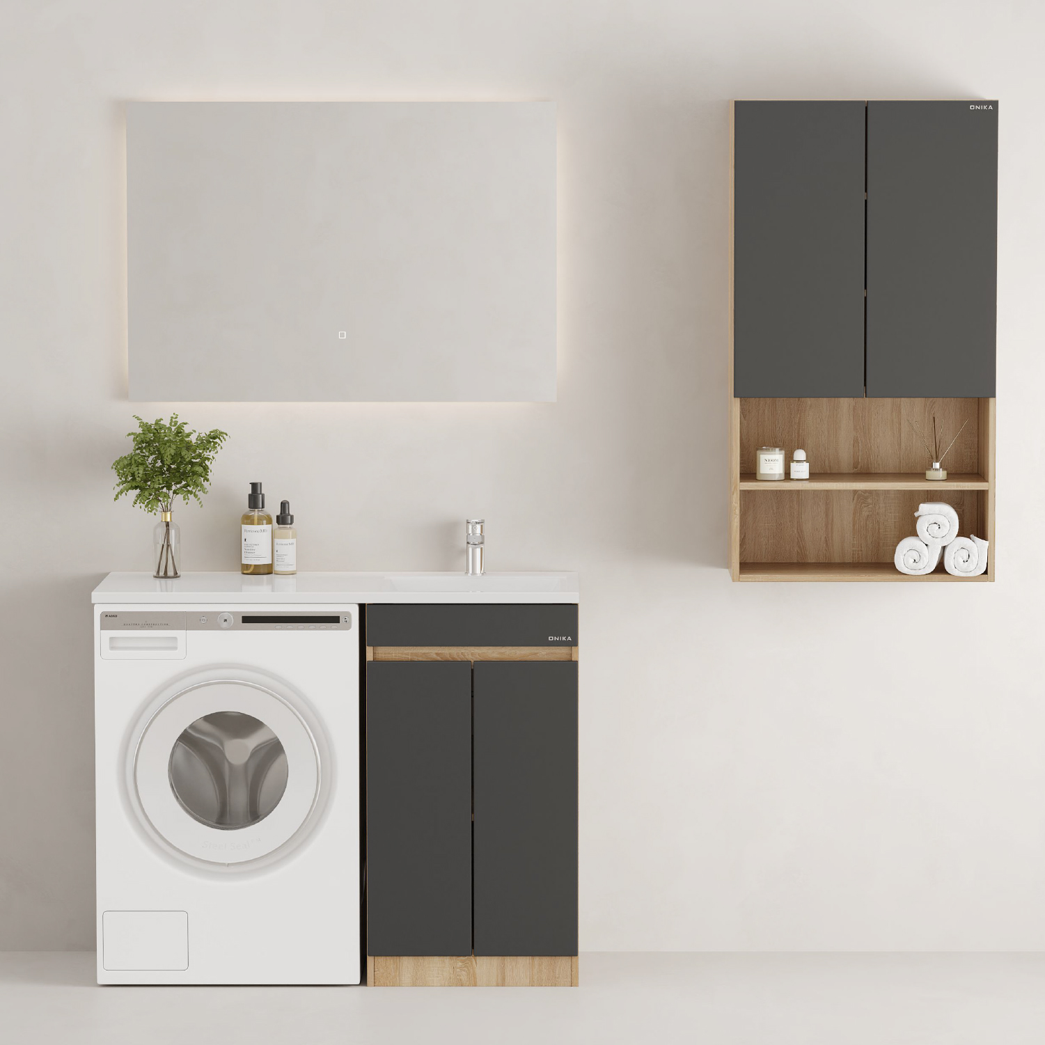 Мебель для ванной Оника Милтон Нова 110, с тумбой 48 см,с ящиками, цвет серый / дуб сонома
