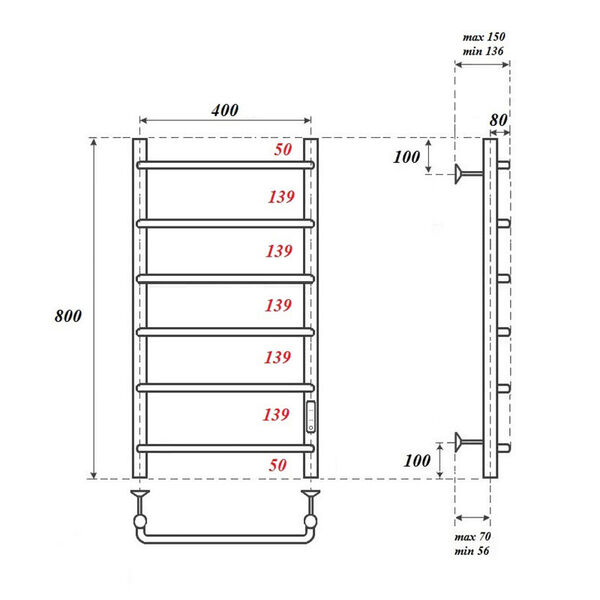 Полотенцесушитель Point П6 40x80 электрический, правый, цвет черный - фото 1