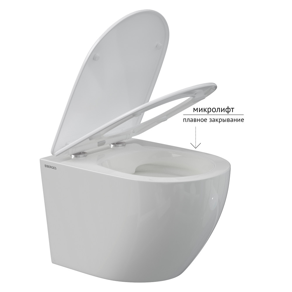 Комплект Berges 043387 унитаза Okus Rimless с сиденьем микролифт и инсталляции Novum с черной кнопкой L5 Soft Touch