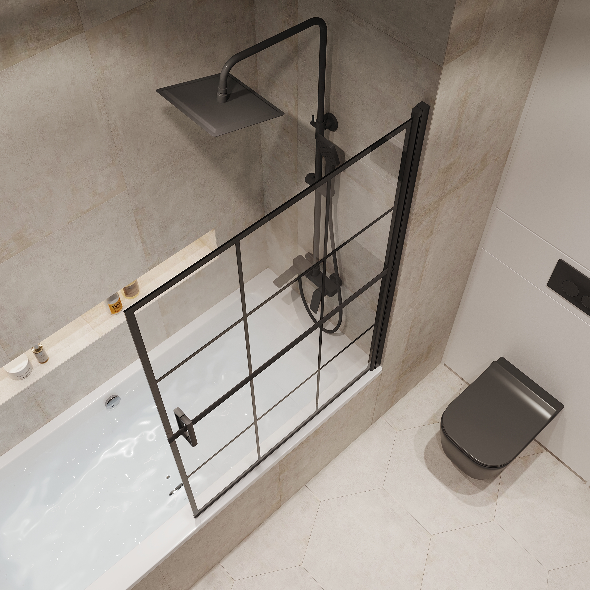 Шторка на ванну Niagara Nova NG-08-90 Black 90x140, стекло прозрачное с рисунком клетка, профиль черный матовый - фото 1