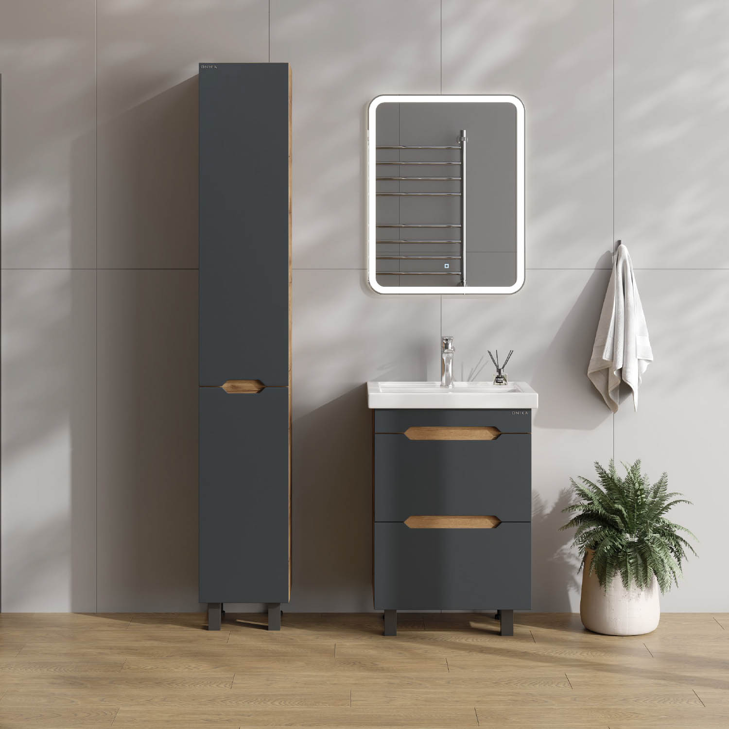 Шкаф-пенал Оника Айленд 30 напольный, правый, цвет графит / дуб крафт золотой