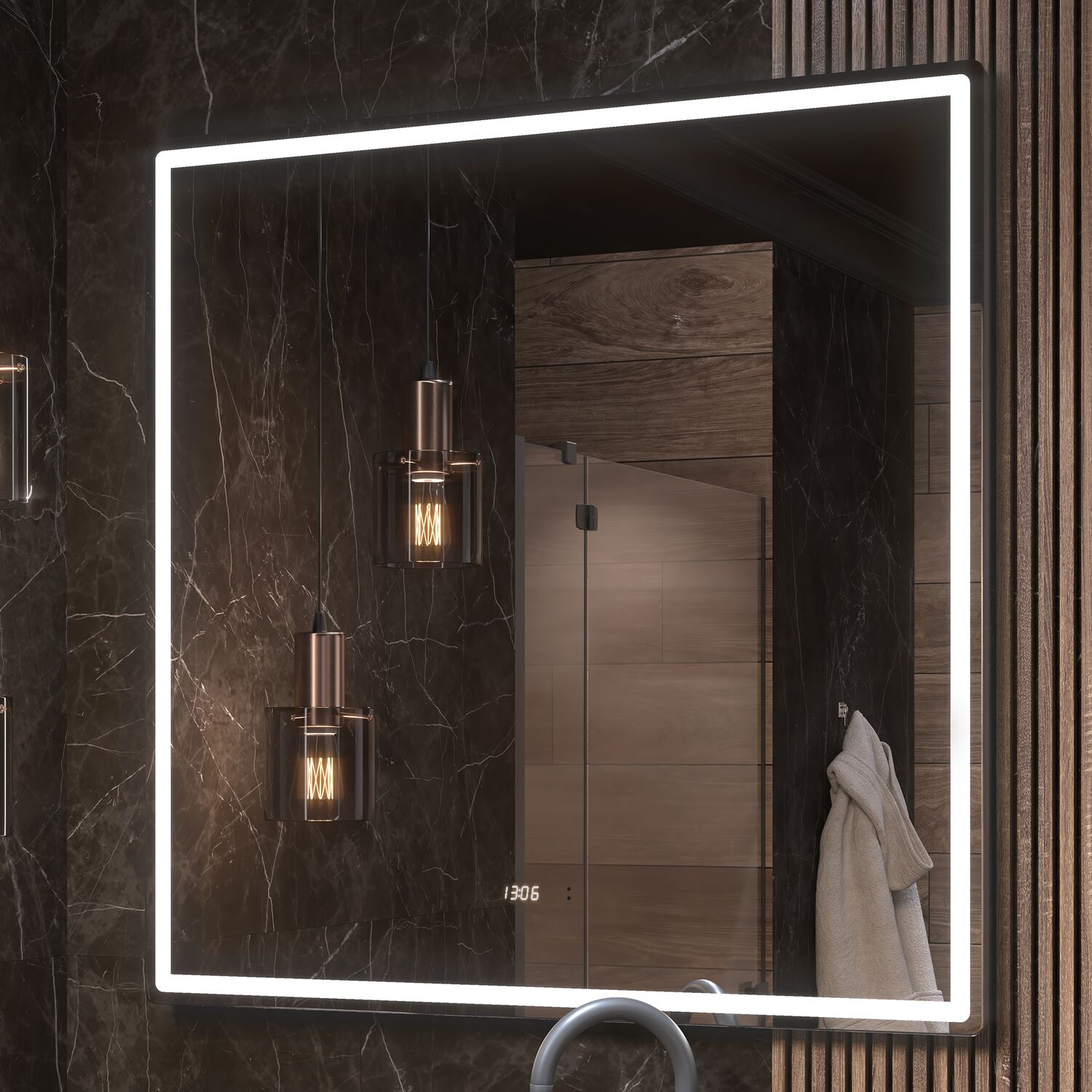 Зеркало Vigo Roberta Luxe 100x100, с подсветкой, функцией антизапотевания, диммером и часами