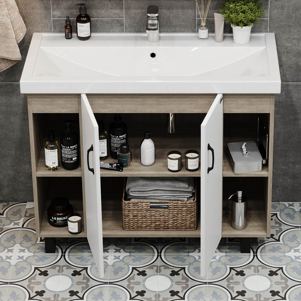 Тумба под раковину Оника Тимбер 100, цвет белый матовый / дуб сонома - фото 1