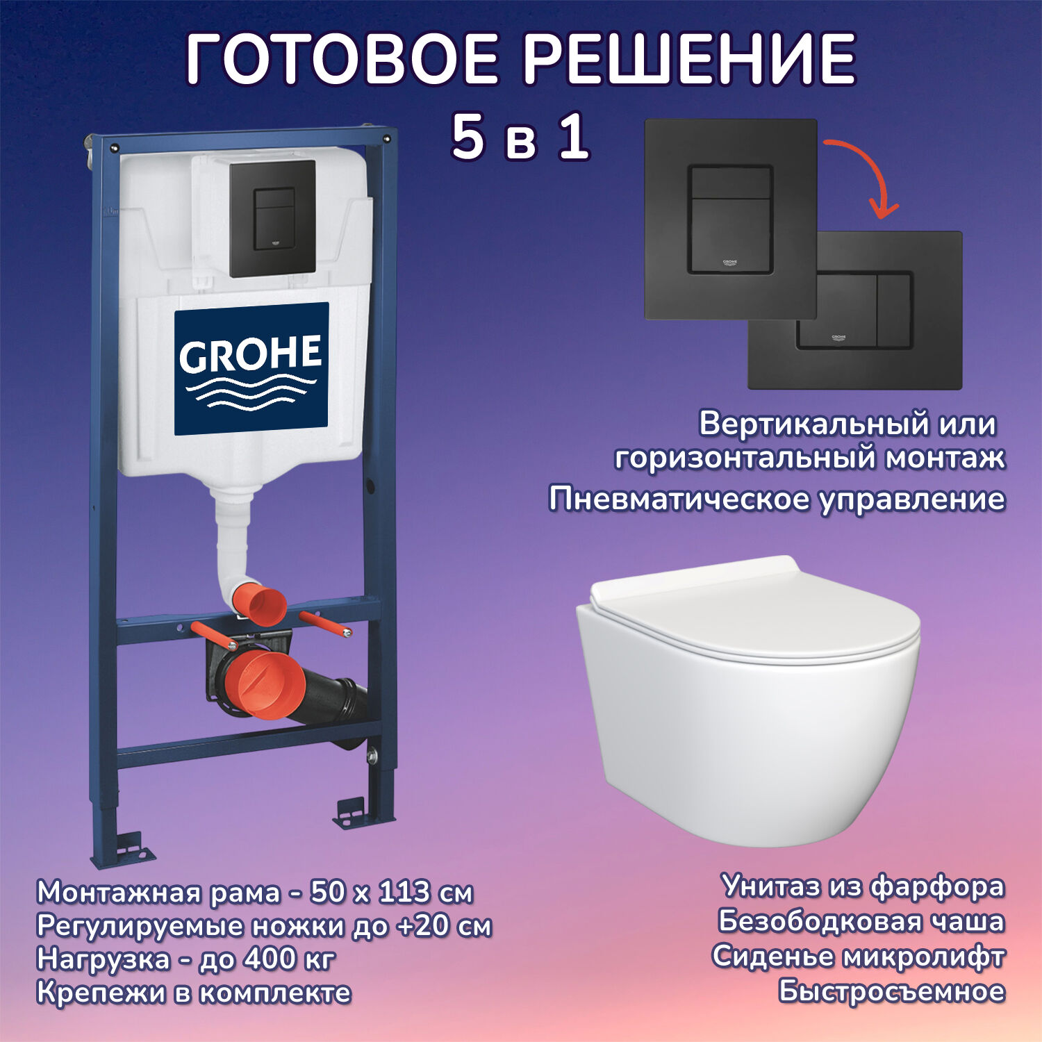 Комплект: Инсталляция Grohe 3 в 1 38811KF0 черная кнопка+Stella JK1061016 белый унитаз