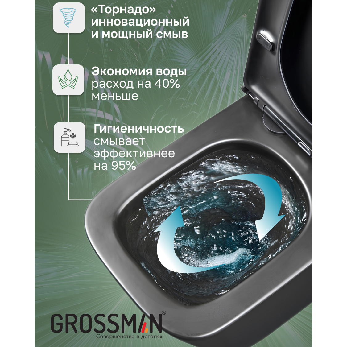 Унитаз Grossman Tornado GR-4404 BMSQ, подвесной, безободковый, смыв Торнадо, с сиденьм микролифт, цвет черный матовый