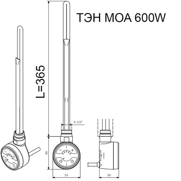 Электрический нагревательный элемент Terma Moa 600W, скрытое подключение, цвет черный - фото 1