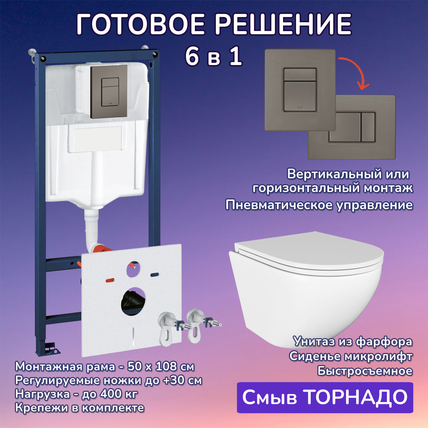 Комплект: Инсталляции JOKI Grand JK02155П+Кнопка 38732GUNGRAY оружейная сталь+Stella T JK1101010 белый унитаз