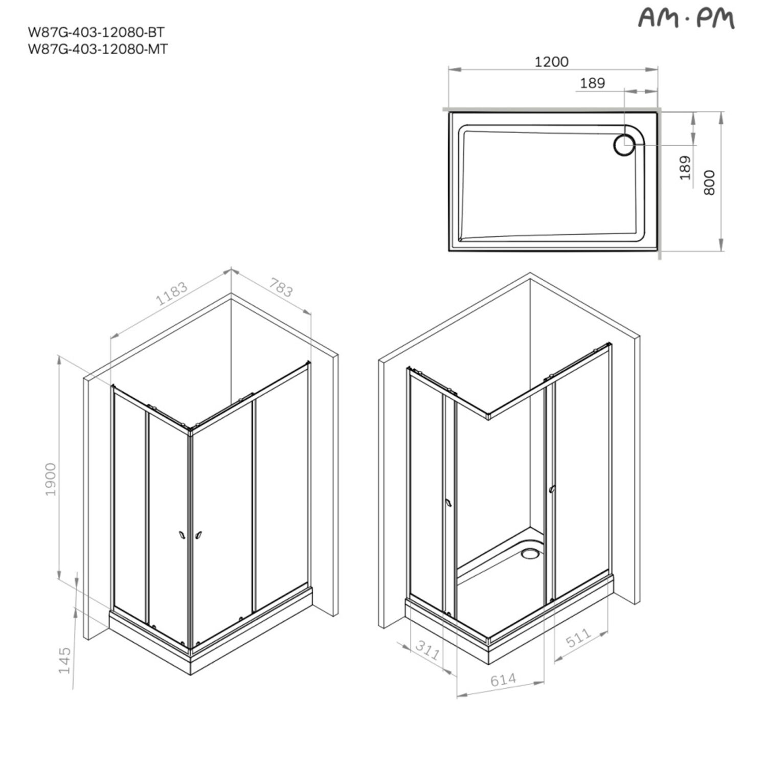 Душевой уголок AM.PM Sunny W87G-403-12080-MT 120x80, без поддона, стекло прозрачное, профиль серебро матовое