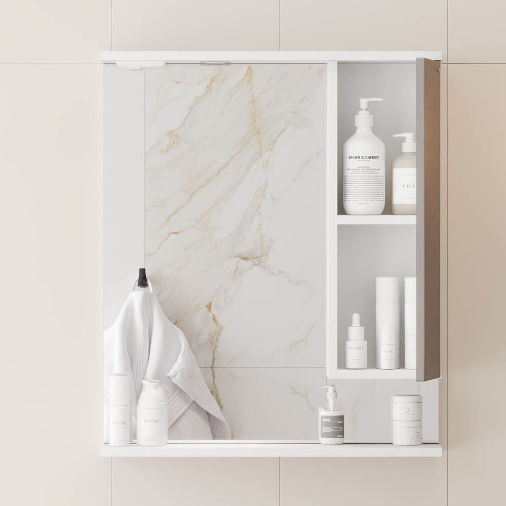 Шкаф-зеркало Оника Марви 60, правый, с подсветкой, цвет белый / мокко - фото 1