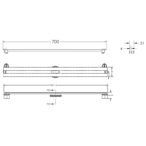 Душевой лоток Berges Super Slim 090053 с решеткой 70x9 см, прямой выпуск, с возможностью изменения длины, цвет матовый хром