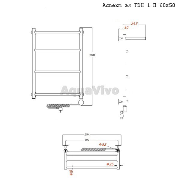 Полотенцесушитель Тругор Аспект эл ТЭН 1 П 60х50 электрический, с полкой - фото 1