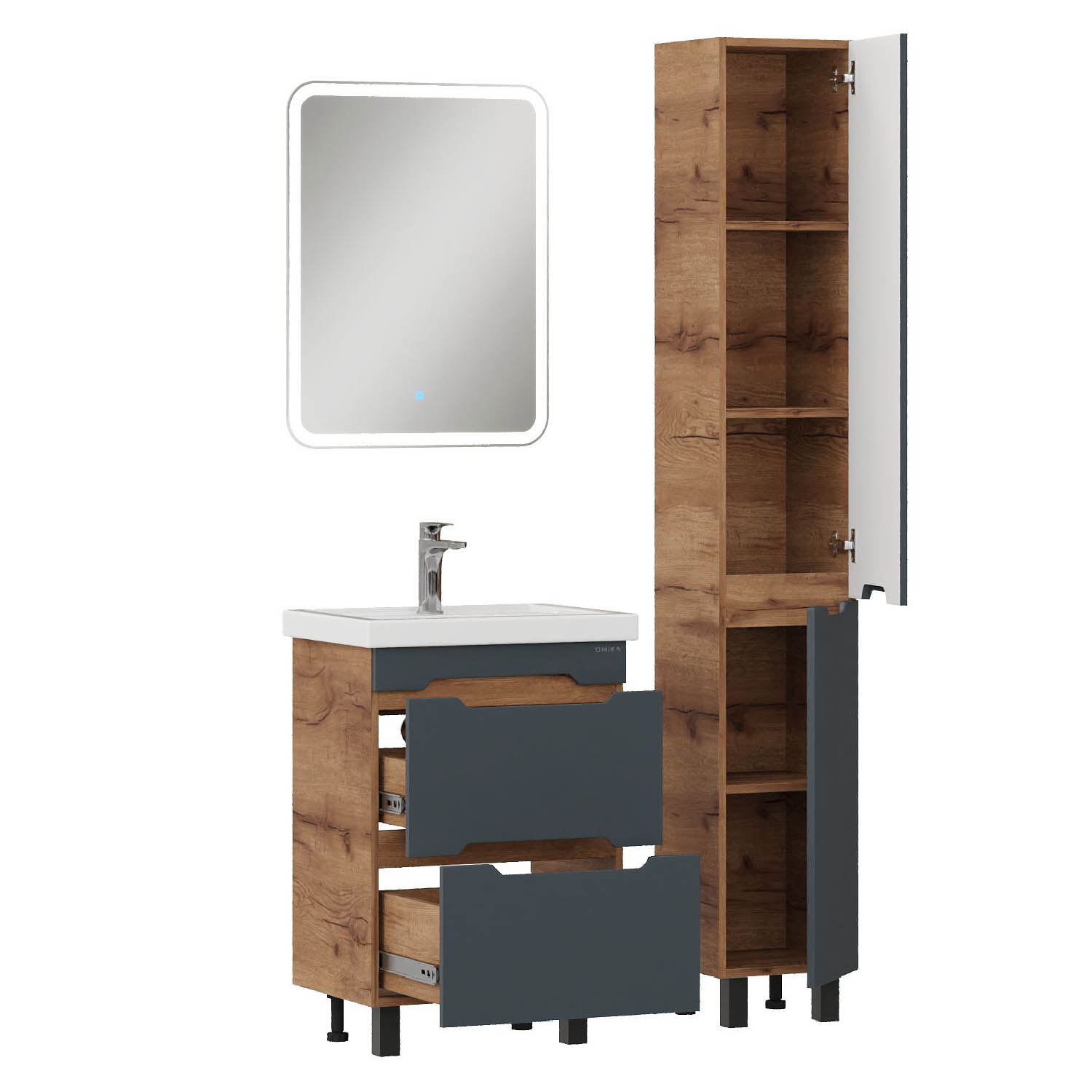 Мебель для ванной Оника Айленд 60, напольная, цвет графит / дуб крафт золотой