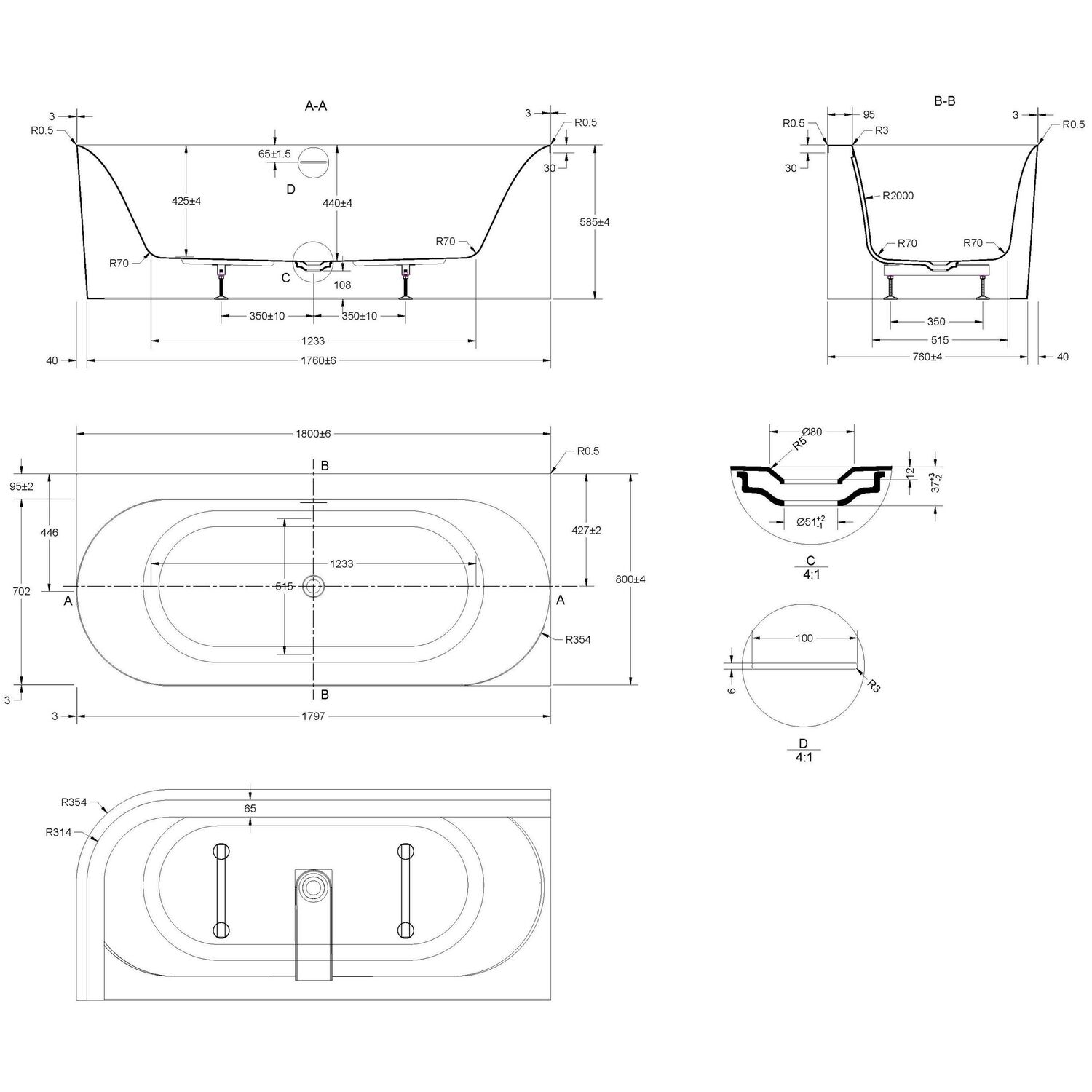 Ванна Vincea VBT-704-1800-L 180x80 акриловая, левая, цвет белый - фото 1