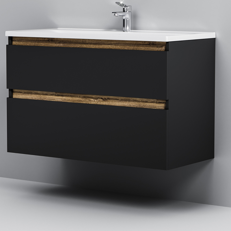 Тумба под раковину AM.PM X-Joy 100 подвесная, цвет черный матовый/дерево - фото 1