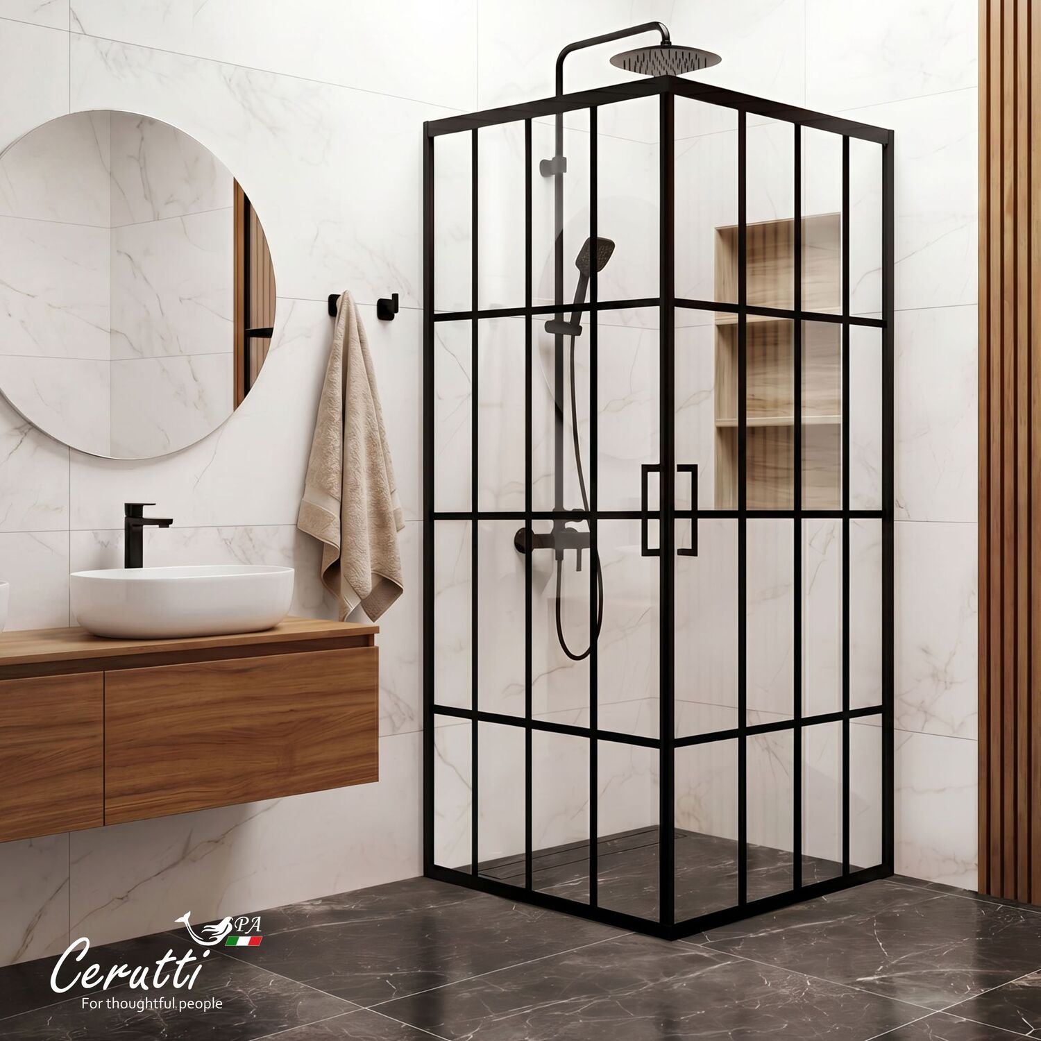 Душевой уголок Ceruttispa Muza 90N 90x90, стекло прозрачное, профиль черный матовый