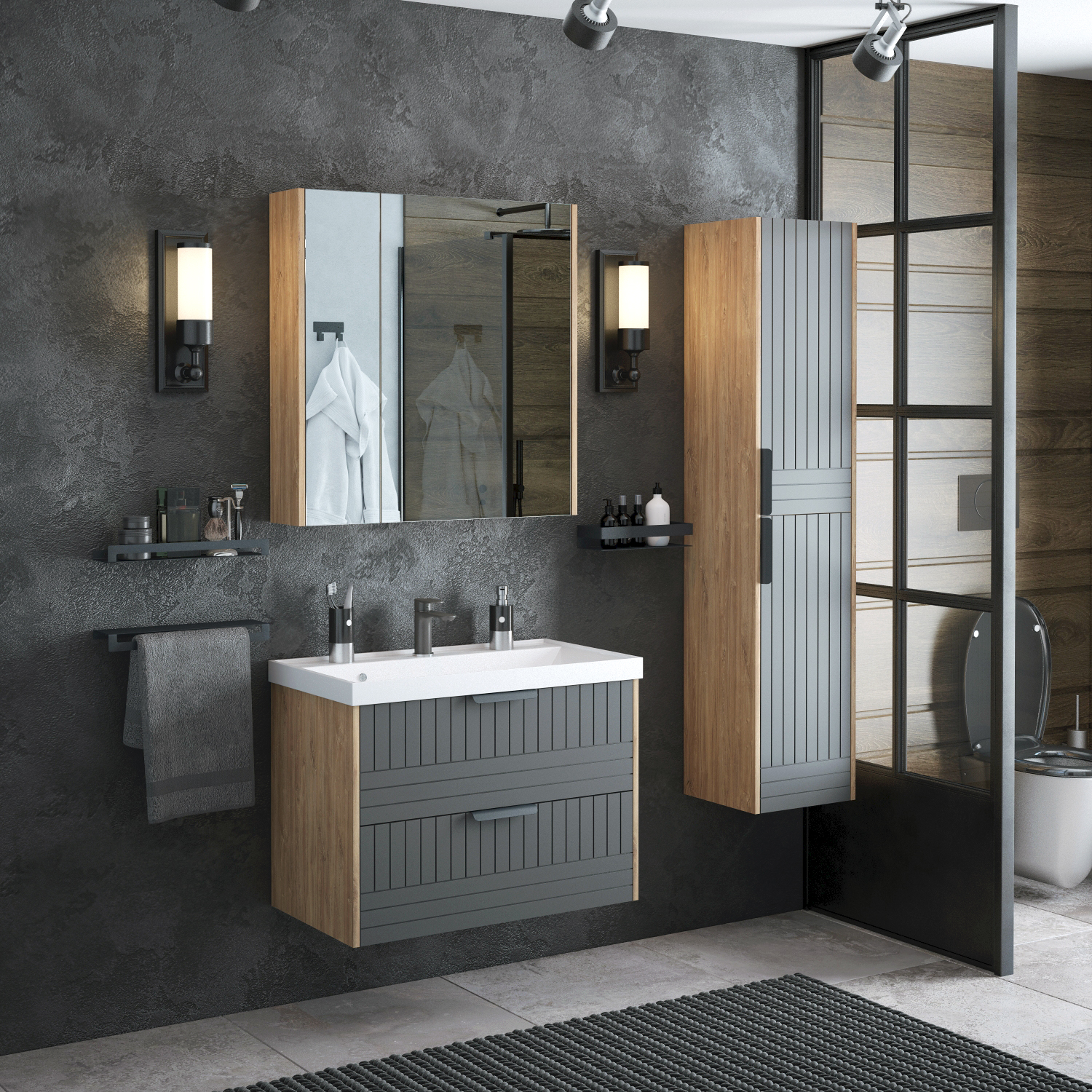 Мебель для ванной Corozo Инди 80, подвесная/напольная, цвет дуб канзас/графит