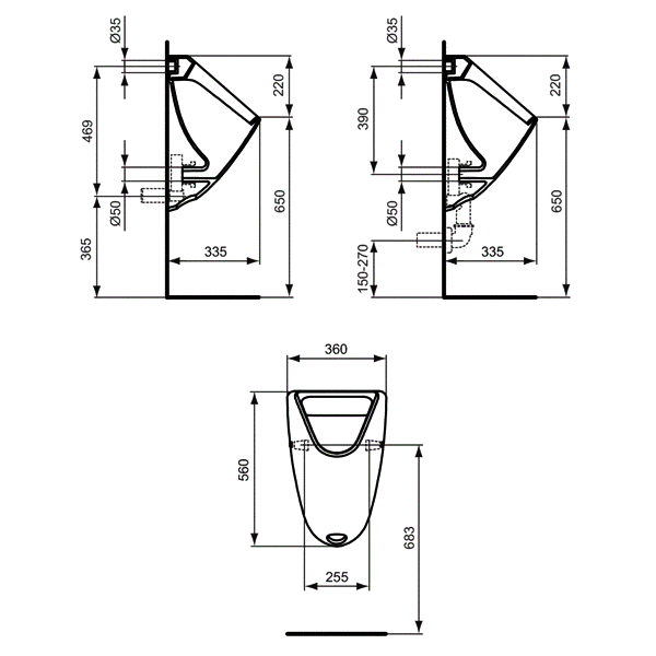 Писсуар Ideal Standard Ecco Eurovit K553801, подвод воды сзади, слив в стену / в пол, цвет евро белый