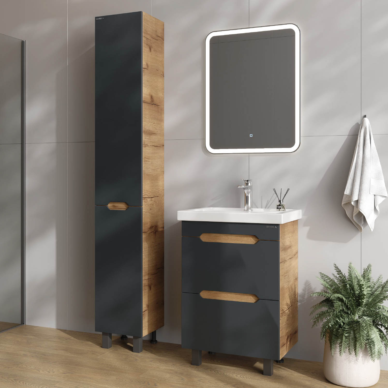 Мебель для ванной Оника Айленд 60, напольная, цвет графит / дуб крафт золотой - фото 1