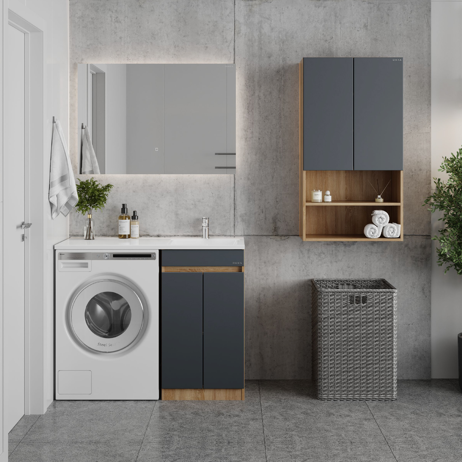 Мебель для ванной Оника Милтон Нова 120, с тумбой 58 см, с дверцами, цвет серый / дуб сонома