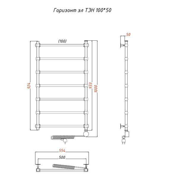 Полотенцесушитель Тругор Горизонт эл ТЭН 100x50 электрический - фото 1
