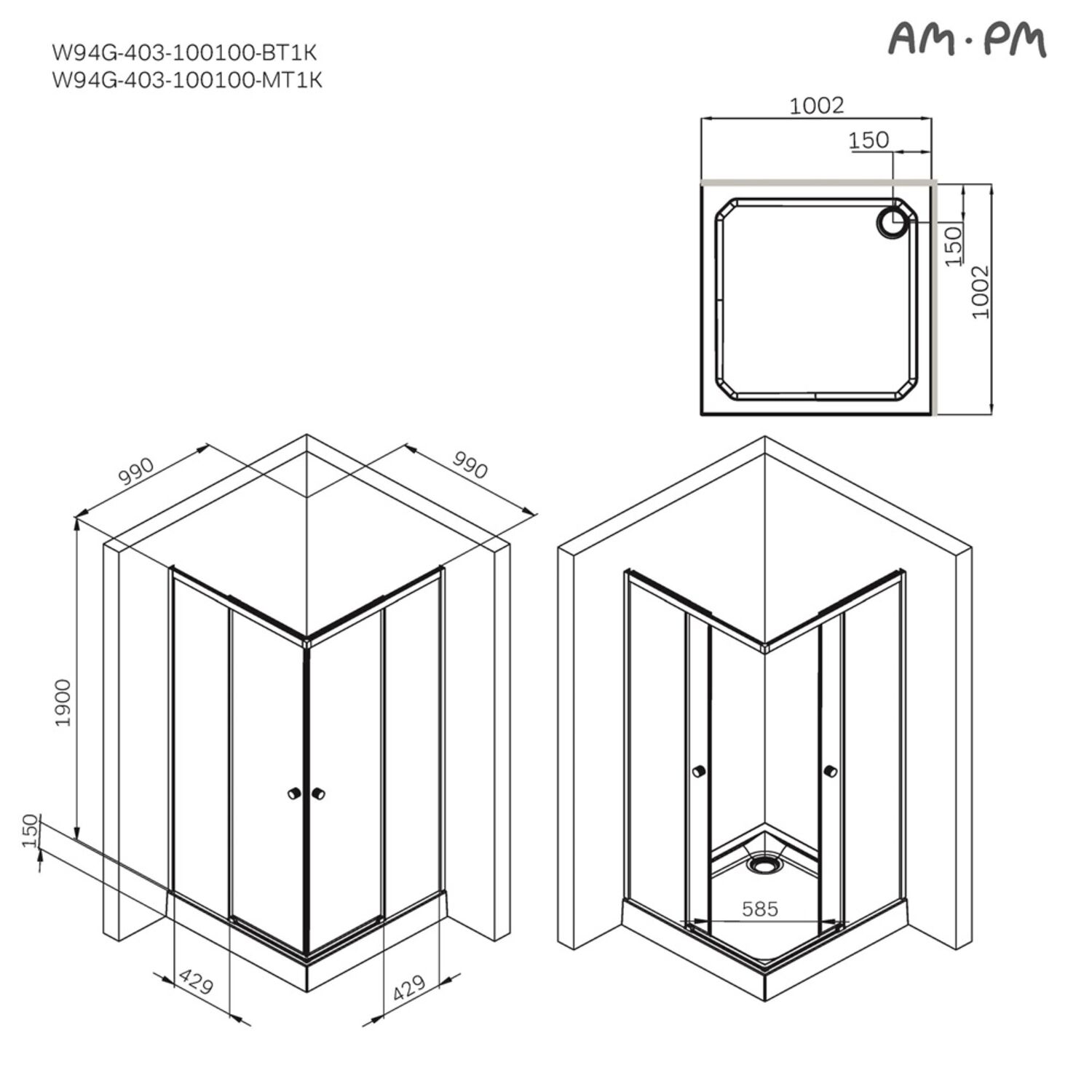 Душевой уголок AM.PM X-joy W94G-403-100100-MТ1К 100x100, стекло прозрачное, профиль хром матовый - фото 1