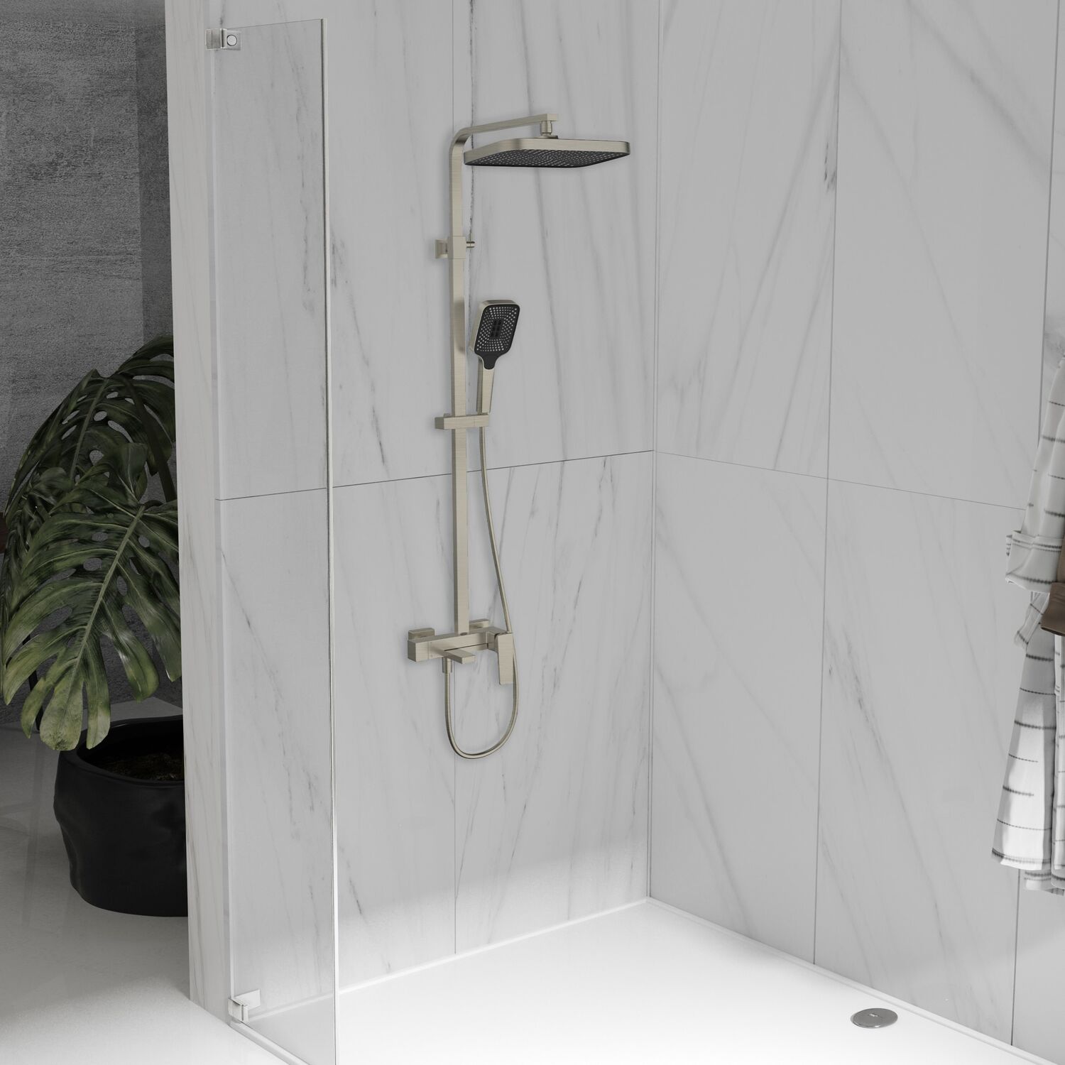 Душевая стойка Vincea Cube VSFS-4C12BN, с верхним душем, смесителем, цвет брашированный никель - фото 1