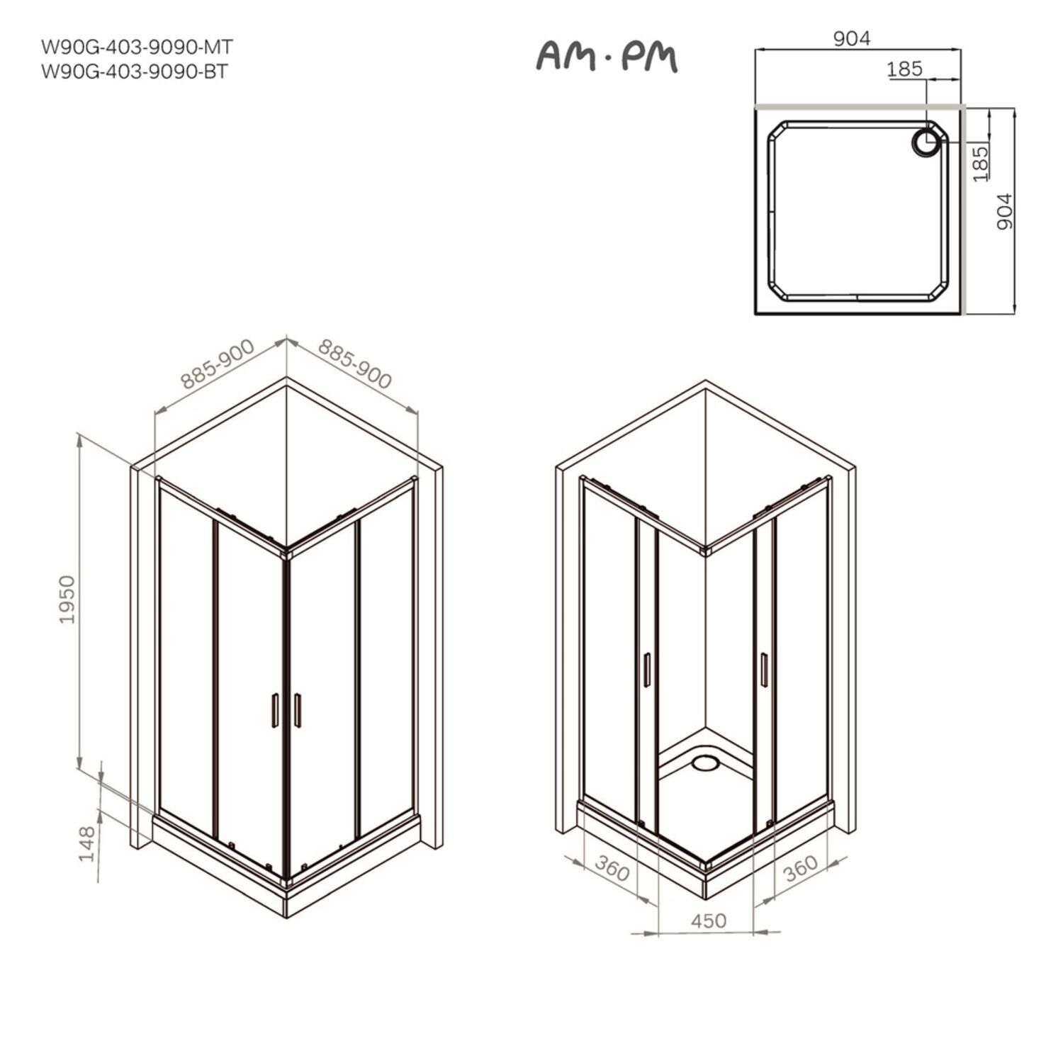Душевой уголок AM.PM Gem W90G-403-9090BT 90x90, стекло прозрачное, профиль черный матовый - фото 1