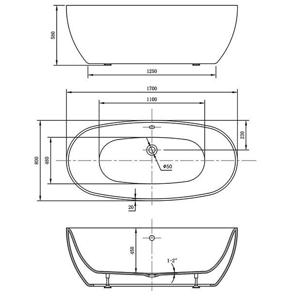 Ванна Vincea VBT-405-170 170x80 акриловая, цвет белый