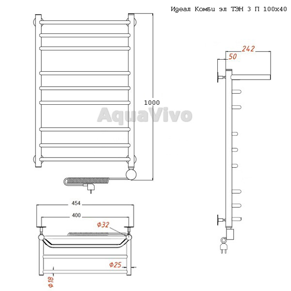 Полотенцесушитель Тругор Идеал Комби эл ТЭН 3 П 100х40 электрический, с полкой - фото 1