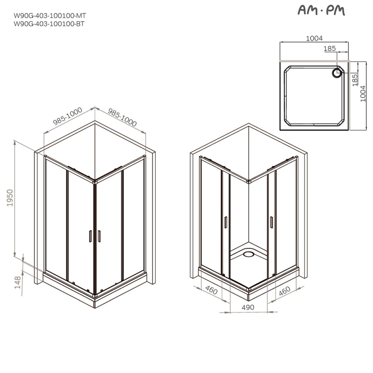 Душевой уголок AM.PM Gem W90G-403-100100-BT 100x100, стекло прозрачное, профиль черный матовый - фото 1